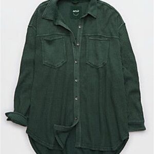Aerie Anytime Fave Waffle Oversized Button Up Shirt XS